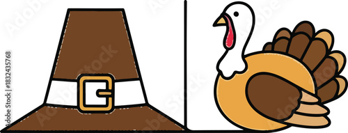A cartoon illustration of a pilgrim hat and a turkey side-by-side, representing Thanksgiving.