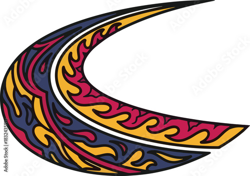 A stylized crescent moon shape with fiery tribal patterns in red, yellow, and blue.