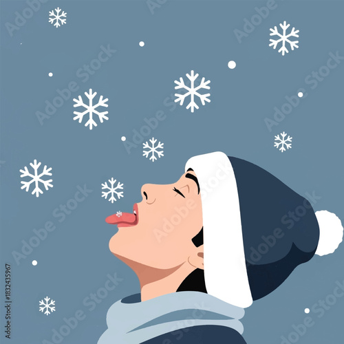 A person wearing a winter hat and scarf looks up with their tongue out to catch falling snowflakes on a cold day.