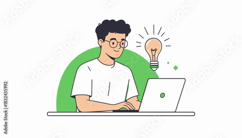 Young Professional with Laptop and Lightbulb Creative Thinking and Innovation Concept