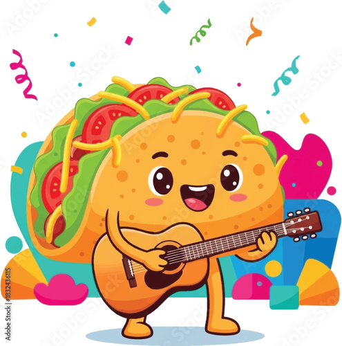 A cheerful cartoon taco character joyfully playing an acoustic guitar amidst colorful confetti and festive decorations.
