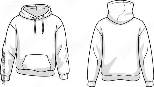 White hoodie front and back, drawstring hood, kangaroo pocket, ribbed cuffs, plain sweatshirt, fashion flat sketch, apparel design