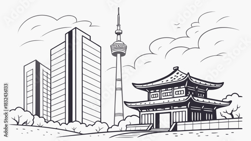 Seoul skyline vector of modern buildings  temple. Perfect for cityscape posters, travel brochures, and south koreathemed designs.