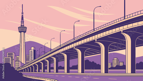 Seoul skyline vector art showcases a pastel cityscape with bridge tower roadway, perfect for travel websites, brochures, and citythemed designs.