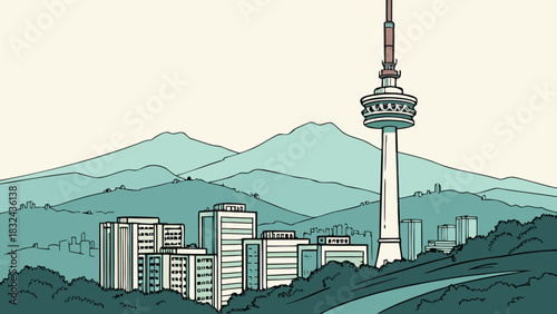 Seoul skyline with iconic n seoul tower in vector art style suitable for travel designs, postcards, and touristic promotions.