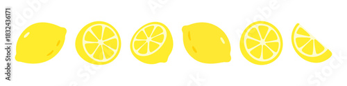 Bright yellow lemons and slices. Flat vector illustration of whole and cut lemons