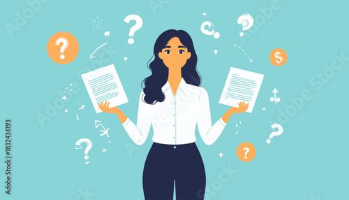 Young professional woman holding two documents, facing a difficult choice and weighing her options with surrounding question marks and symbols