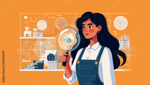 Diligent Woman Engaged in Thorough Research and Analytical Exploration with Magnifying Glass in a Dynamic Scientific and Innovative Environment