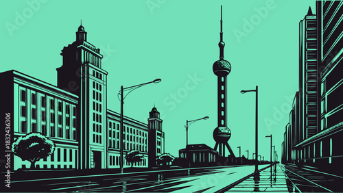 Shanghai skyline vector of oriental pearl tower, an architectural marvel suitable for travel brochures, city guides, websites, and promotional materials.