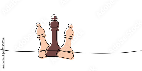 Linear minimalist outline of a chess king flanked by two bishops, soft brown and beige tones highlighting balanced strategy