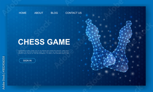 Digital glowing chess bishops with futuristic low-poly wireframe design, modern concept of chess game strategy and competition