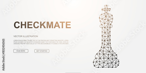 Polygonal wireframe chess king illustration with Checkmate text, modern abstract vector art symbolizing strategy, logic, and ultimate victory