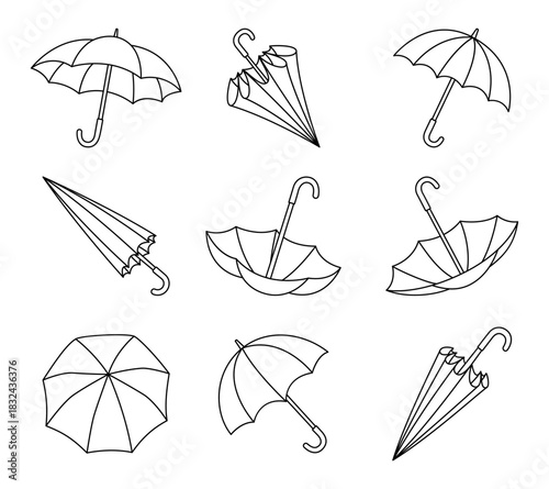 Black and white umbrella set, linear vector illustration of open and folded umbrellas for coloring, patterns, and decor