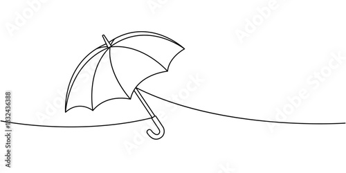 Linear umbrella outline resting on a curved line. Minimal modern vector symbol of rain protection and seasonal weather concept