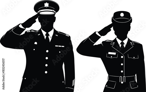 Black Silhouette Vector Illustration Set of Male and Female Military Officers in Uniform Giving a Respectful Hand Salute, Ideal for Veteran, Honor, and Service Graphics