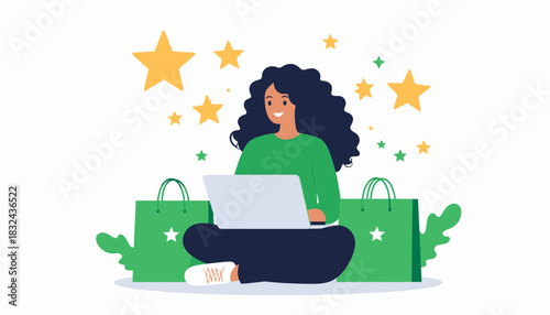 Online shopping illustration A woman using a laptop with shopping bags, surrounded by stars, representing a positive online experience