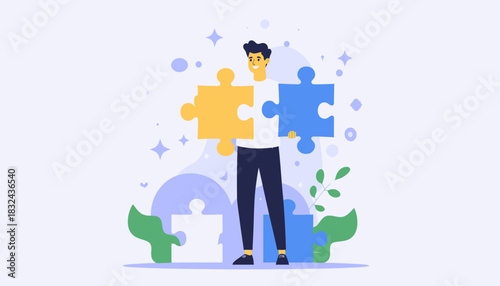 A cartoon character holds two large jigsaw puzzle pieces, symbolizing problem-solving, strategy, and finding the perfect solution in business