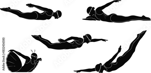 Black Silhouette Vector Set Illustrating Female Swimmers Performing Various Strokes and Synchronized Swimming Poses, Ideal for Water Sport G