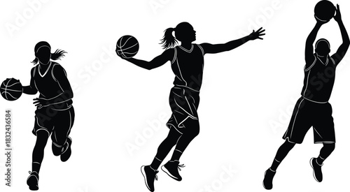 Black Silhouette Vector Set of Female Basketball Players Dribbling, Jumping, and Shooting the Ball, Ideal for Sport Promotions, Fitness Graphics, and Athletic Competition Design