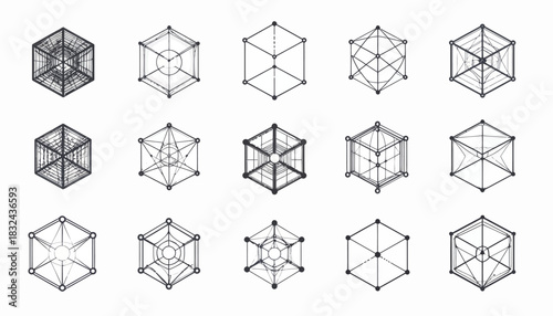 Abstract geometric collection of wireframe shapes, illustrating concepts of data connection, technological networks, and structural integrity in a minimalist, conceptual style