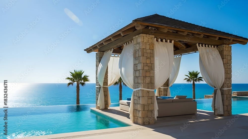 Fototapeta premium Luxury Seaside Retreat - Infinity Pool and Cabana with Ocean View.
