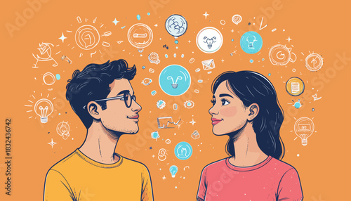 Illustration of a couple sharing ideas and thoughts with lightbulb and thought bubble elements