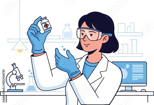 Female scientist conducting an experiment with a flask in a laboratory setting.