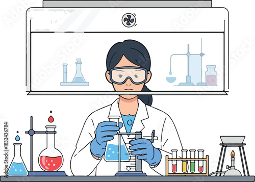 Female scientist conducting experiments in a laboratory with various beakers and test tubes under a fume hood.