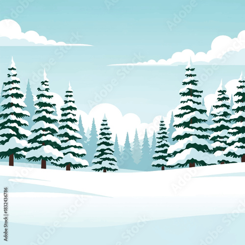 A serene winter landscape with snow-covered pine trees under a cloudy sky.