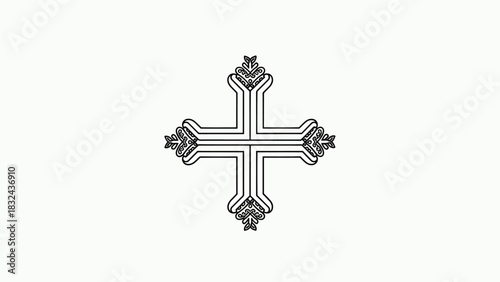 A stylized white cross with ornate decorative elements at the ends of each arm.