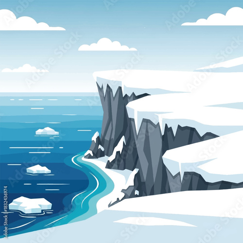 Arctic landscape with icebergs and snowy cliffs under a cloudy sky, vector illustration.