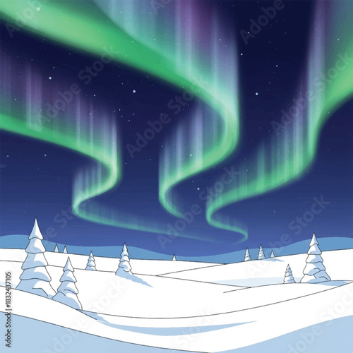 A vibrant illustration of the aurora borealis illuminating a snowy landscape with evergreen trees under a starry night sky.