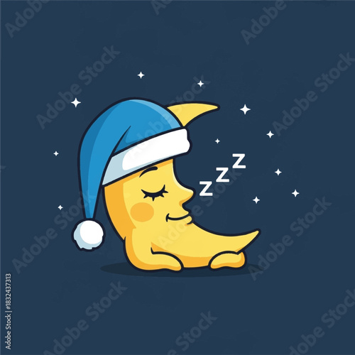 A cute cartoon crescent moon wearing a blue nightcap, sleeping peacefully under a starry night sky.