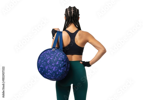 Woman with braided hair holding a blue gym bag.