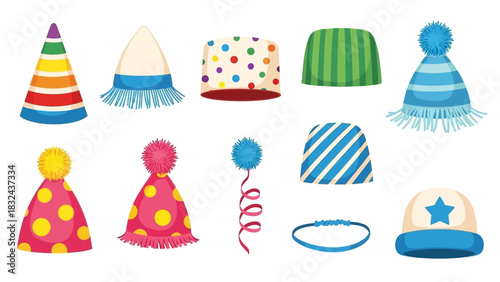 Collection of colorful party hats with different designs and decorations.