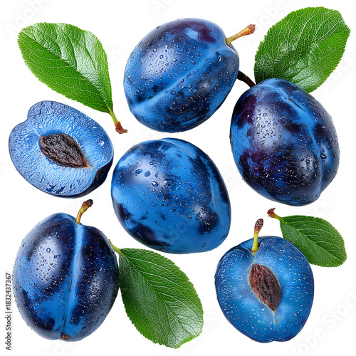 Fresh plums fruit arrangement with water droplets healthy food concept isolated on transprint background