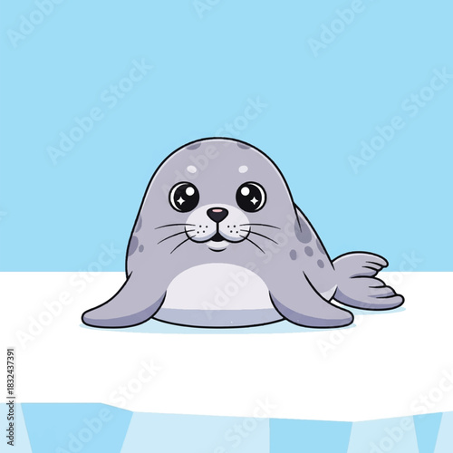Cartoon seal with big eyes sitting on ice, against a blue background.