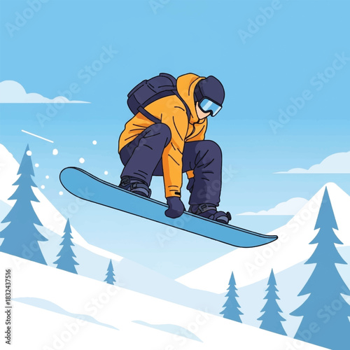 A snowboarder in mid-air performing a jump on a snowy mountain slope with pine trees.
