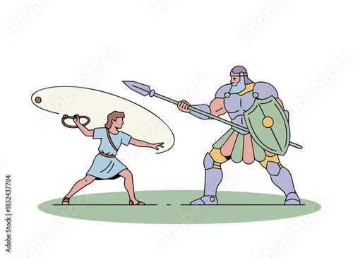Small Hero Throws Stone At Giant Warrior With Shield And Spear On Green Field And Black Background Stylized Illustration
