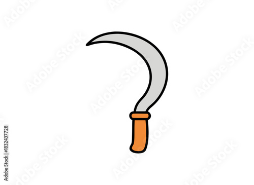 Stylized illustration of a sickle tool with a light grey curved blade and an orange handle isolated on a black background