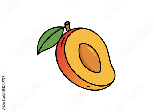 Half Cut Juicy Mango Fruit With Green Leaf And Stem On Black Background Vibrant Orange Flesh And Red Skin Detailed Vector Illustration