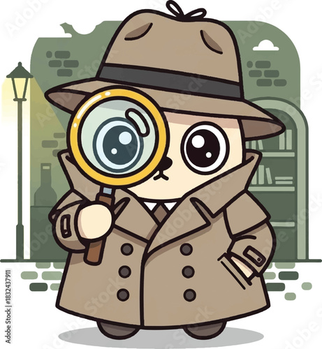 Cartoon detective dog with magnifying glass in trench coat and fedora.