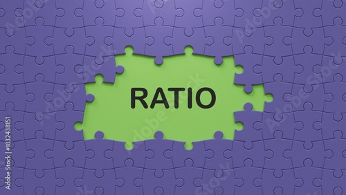 puzzle pieces with missing pieces with RATIO business word. Mission, Vision and core values concept.close up of puzzle pieces with missing pieces,Business Concept.3D rendering.