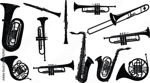 Brass and woodwind instrument silhouettes, orchestra band sketch, musical shape comparison set, educational vector layout, cad drawing flat vector illustration