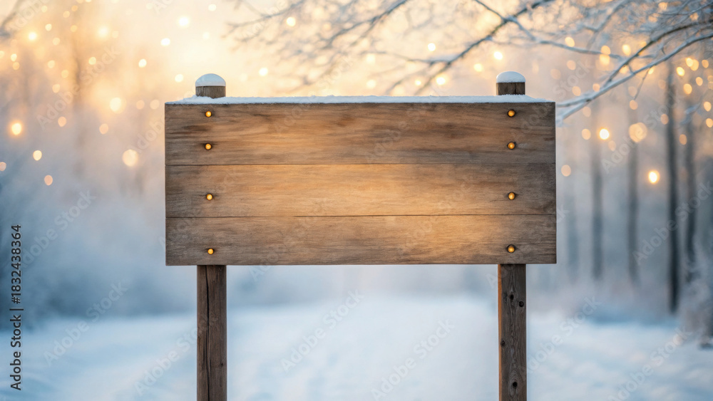 Fototapeta premium Christmas wood sign board glowing warmly in snowy winter forest with festive lights and frosty trees in background