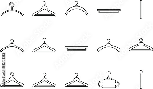 Clothes hanger icon set, various black vector styles for garment storage, closet organization, fashion display, isolated on white background