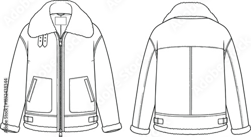 Classic shearling aviator jacket technical fashion sketch with detailed stitching, front and back views, winter outerwear design, cad drawing flat vector illustration