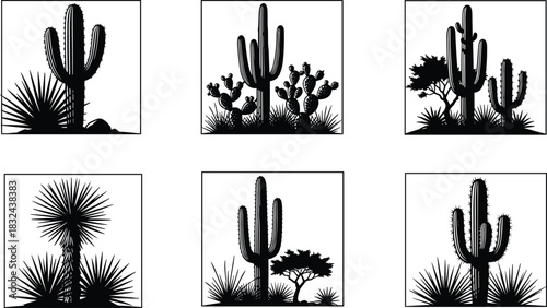 Collection of detailed black silhouette icons featuring various desert plants, including saguaro cactus, prickly pear, and yucca, illustrating arid western landscape flora.