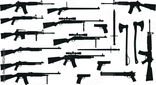 Collection of detailed weapon silhouette vector illustrations including rifles, pistols, swords and axes, black military icons for design, reference, catalog and educational use
