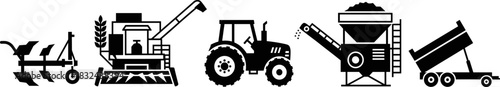 Black agricultural machinery vector illustration showing plow, combine harvester, tractor, grain conveyor, and dump trailer icons for modern farming, equipment industry, and agritech design